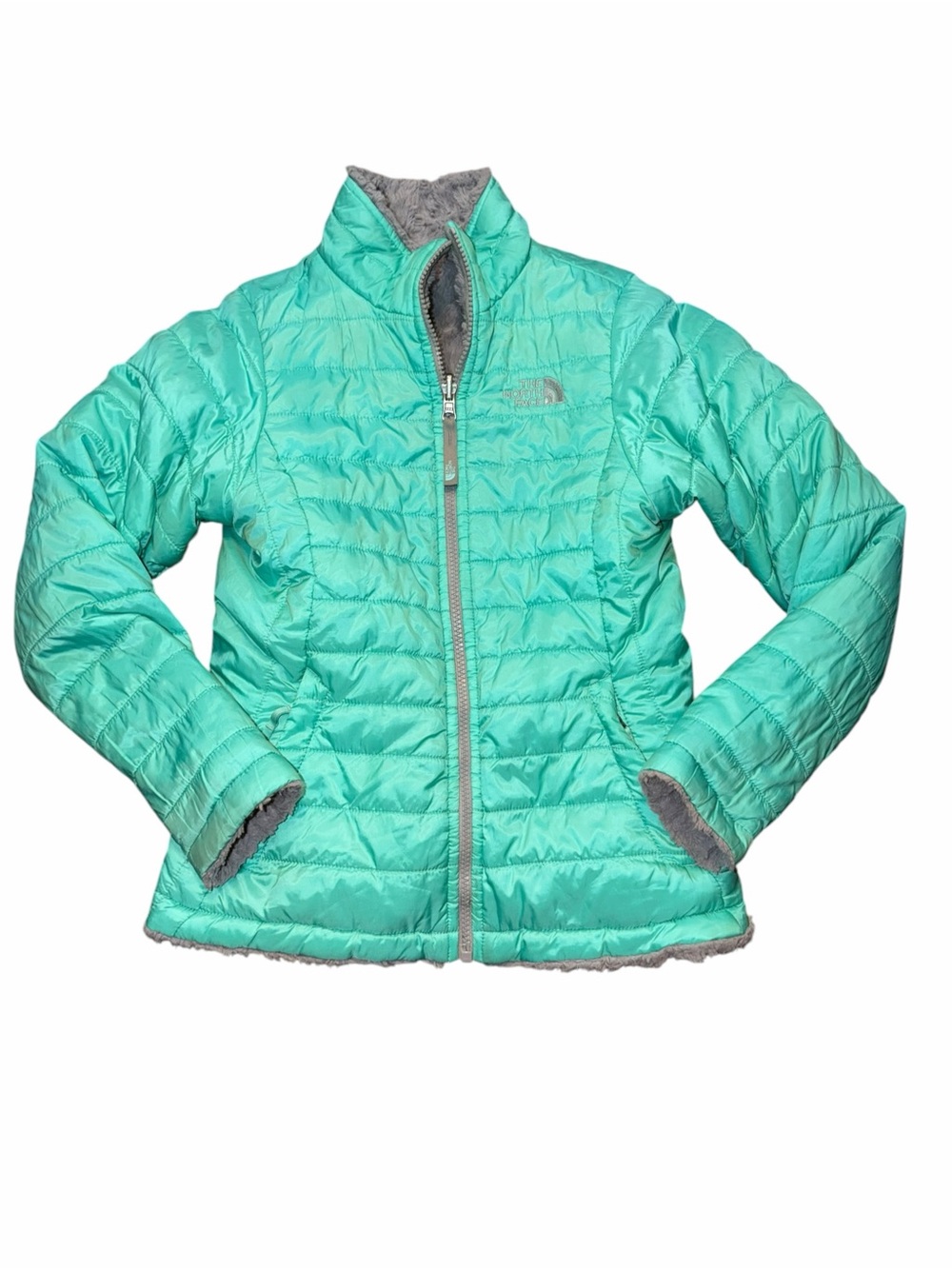 The North Face Girls' Aqua Teal & Gray Reversible Puffer & Fleece Jacket, 10/12